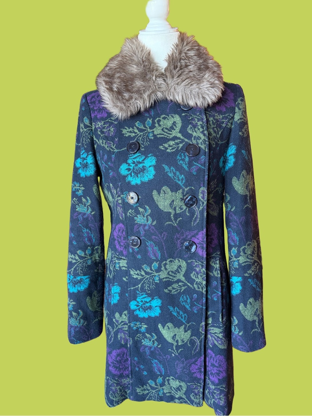 Floral Double-Breasted Coat with Faux Fur Collar - Navy/Teal/Purple